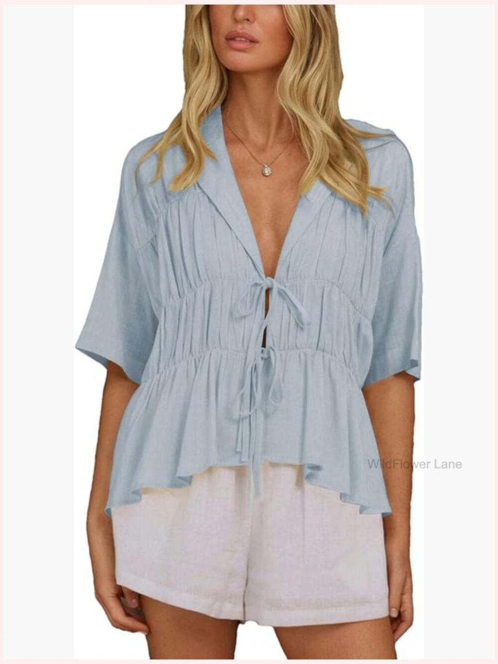 Women's Linen Bow Tie Front Peplum Blouse Short Sleeve Deep V Neck Pleated